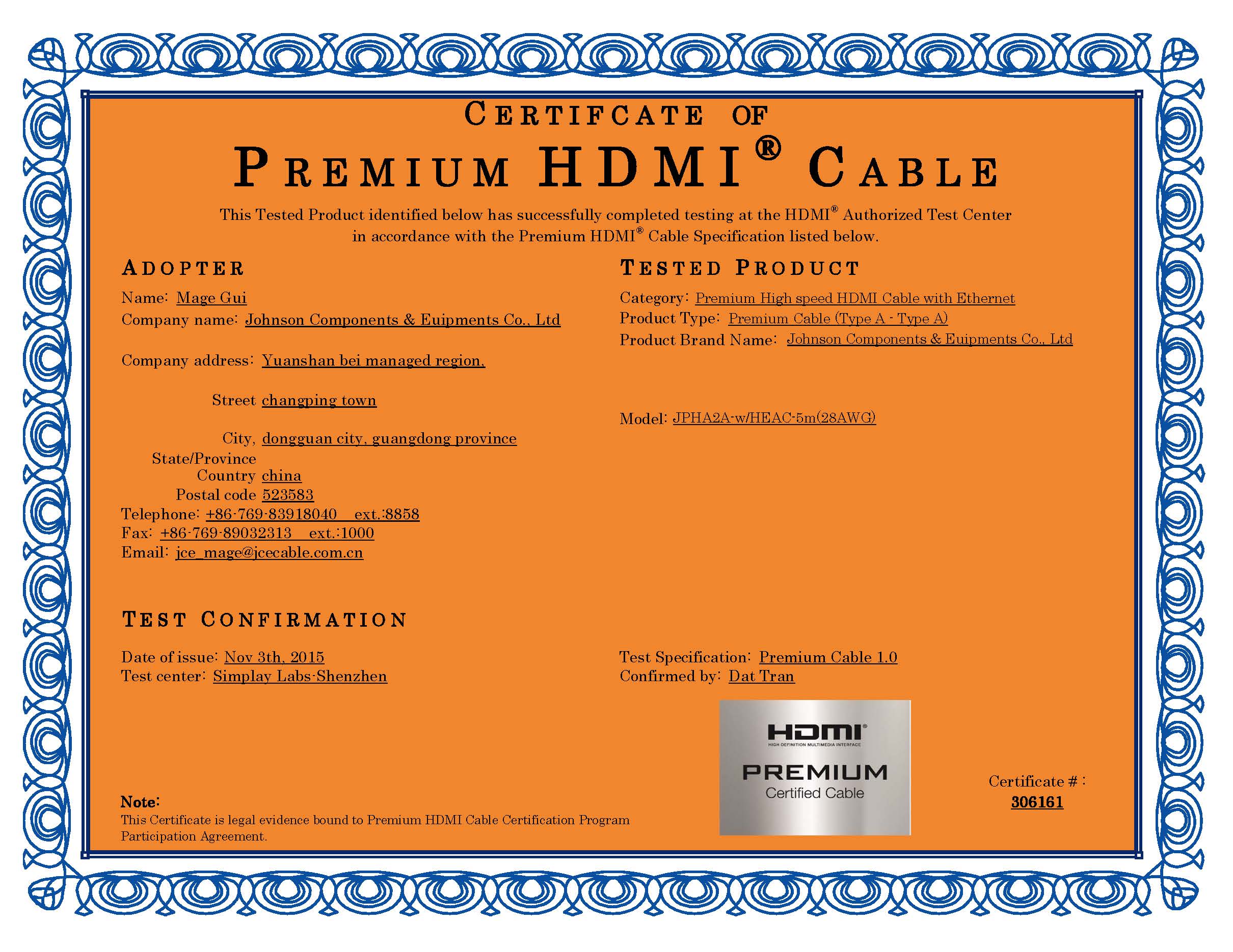 ATC Certificate of JCE Premium cable_28AWG_5.0M#306161_unlocked